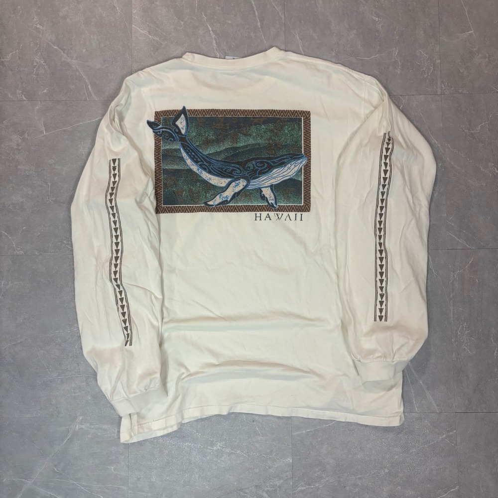 Crazy Shirts Hawaii Long Sleeve T-Shirt Mens XL Cream Tribal Whale Graphic Taped